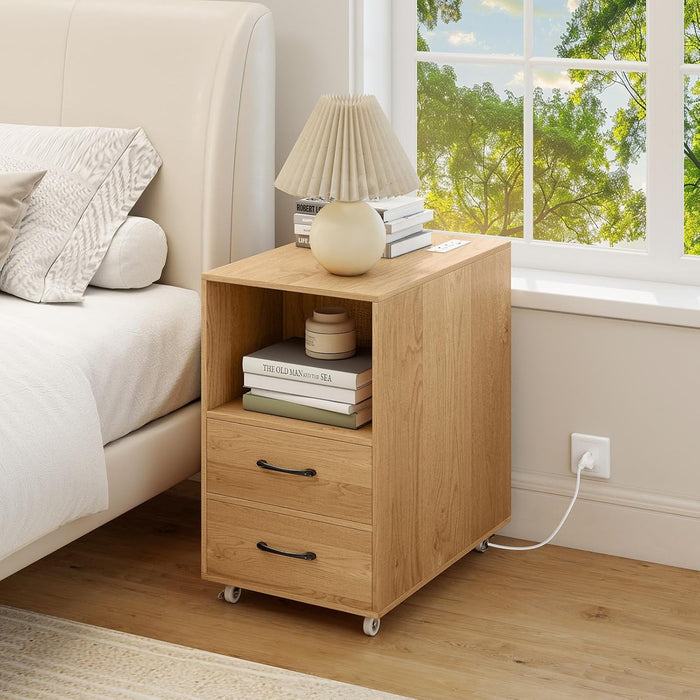 Giantex End Table with Charging Station - Night Stand on Wheels, Sofa Side Bedside Table w/USB & Type-C Port, Outlets, Storage Nightstand w/2 Drawers, Open Shelves for Living Room Bedroom (1, Natural)