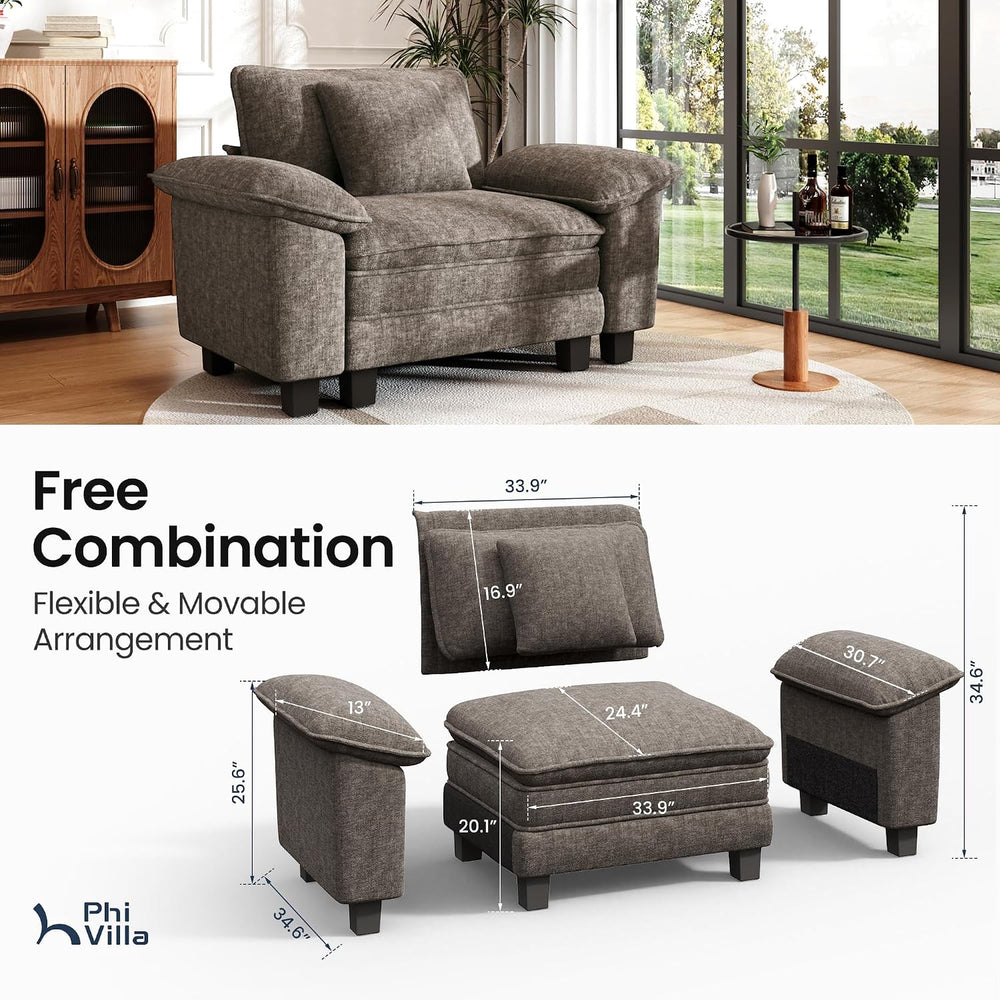 PHI VILLA 87.5" Oversized Sectional Loveseat Sofa with 1 Movable Ottoman