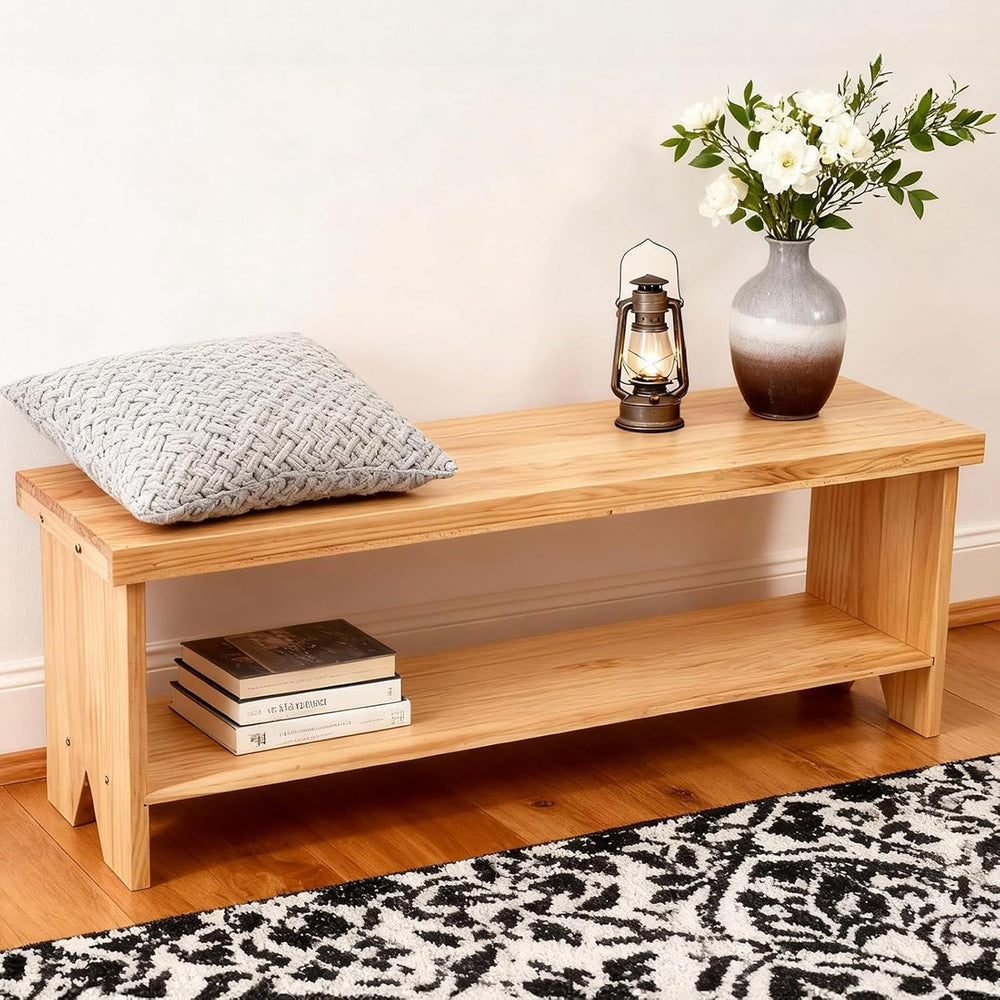 43" Solid Wood Farmhouse Bench, Entryway Bench with Storage Shelf, Narro...