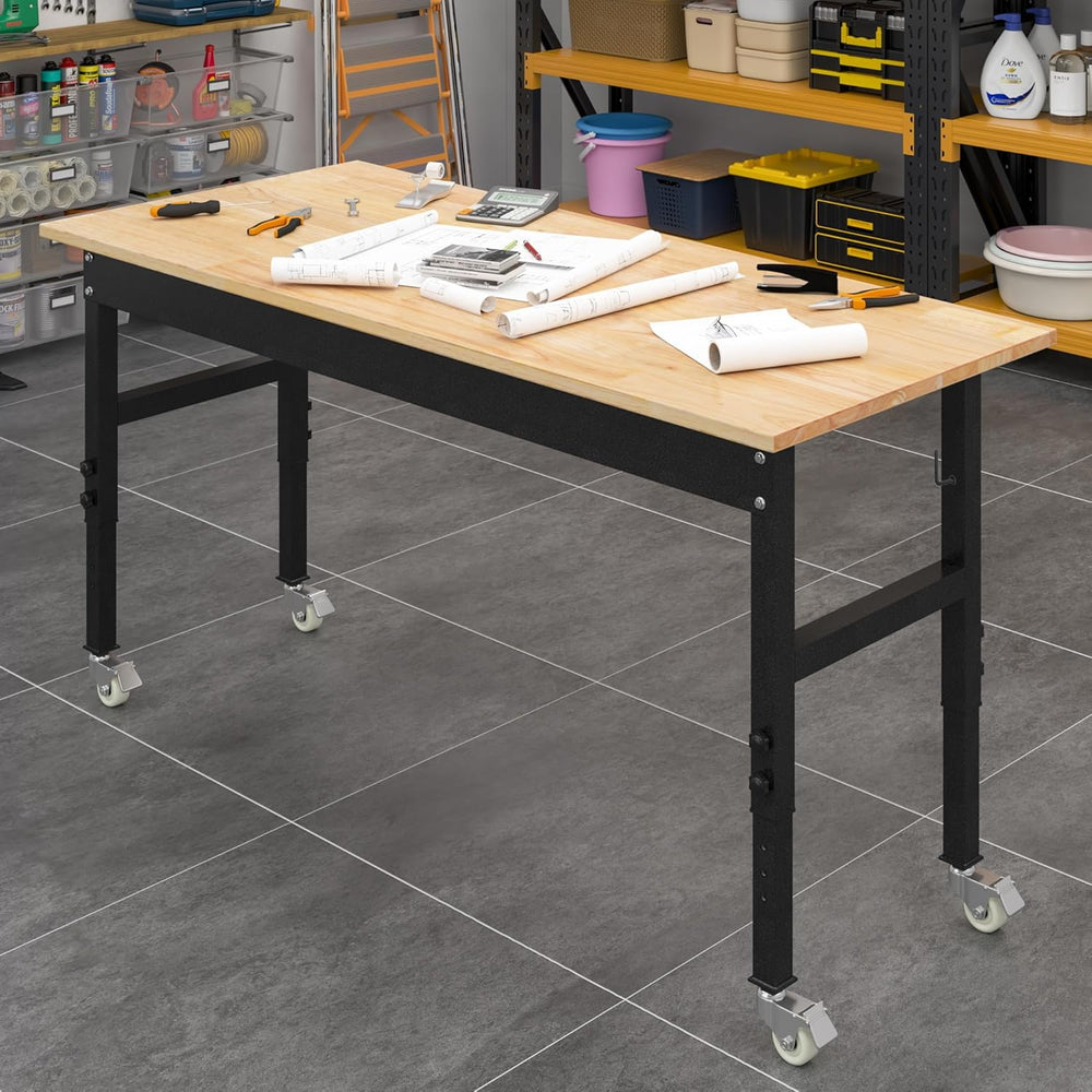 48" Adjustable Work Bench, Rubber Wood Top Workbench Heavy-Duty Work Tab...