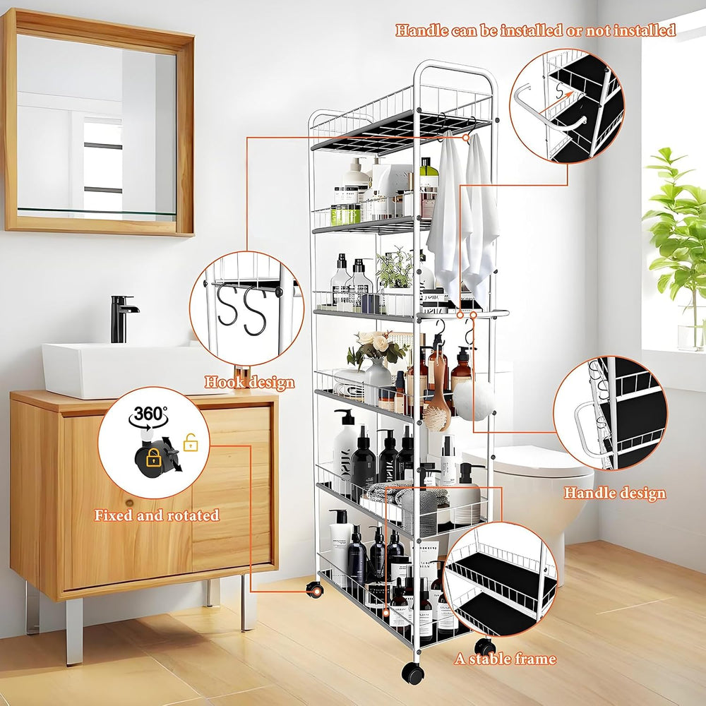 10in 6 Tier Slim Storage Cart with Wheels, Narrow Space Rolling Shelving Unit...