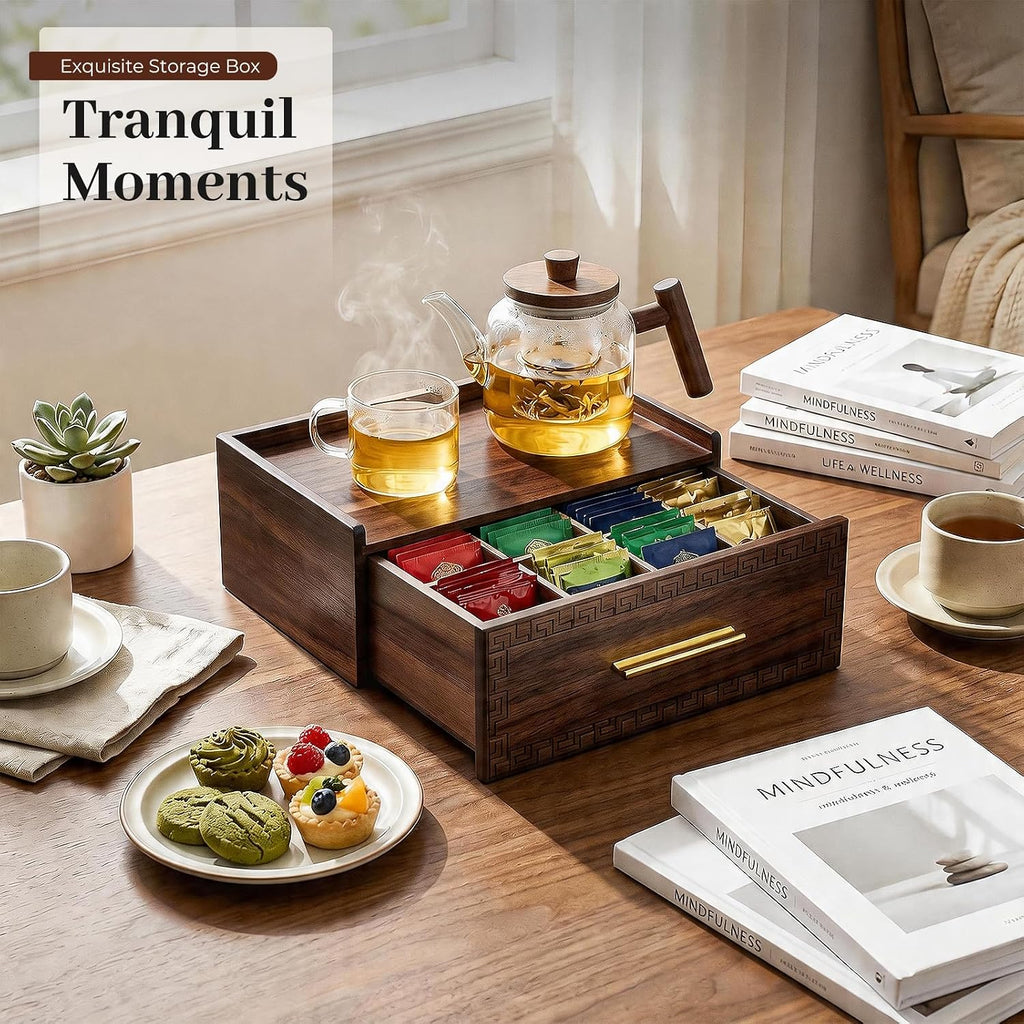 Acacia Wood Tea Bag Organizer with Storage Drawer | 8 Compartments Tea Caddy with Pattern Carving & 2 Ceramic Absorbent Coasters | Wooden Teabag Holder Tea Organizers for Countertop (Walnut)