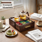 Acacia Wood Tea Bag Organizer with Storage Drawer | 8 Compartments Tea Caddy with Pattern Carving & 2 Ceramic Absorbent Coasters | Wooden Teabag Holder Tea Organizers for Countertop (Walnut)