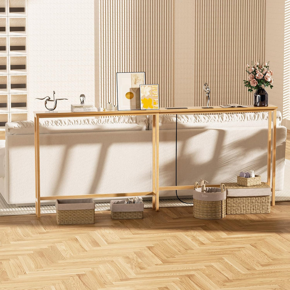 VASMIA 70.9 Inch Narrow Console Table with Outlet,Bamboo Behind Couch Sofa Ta...