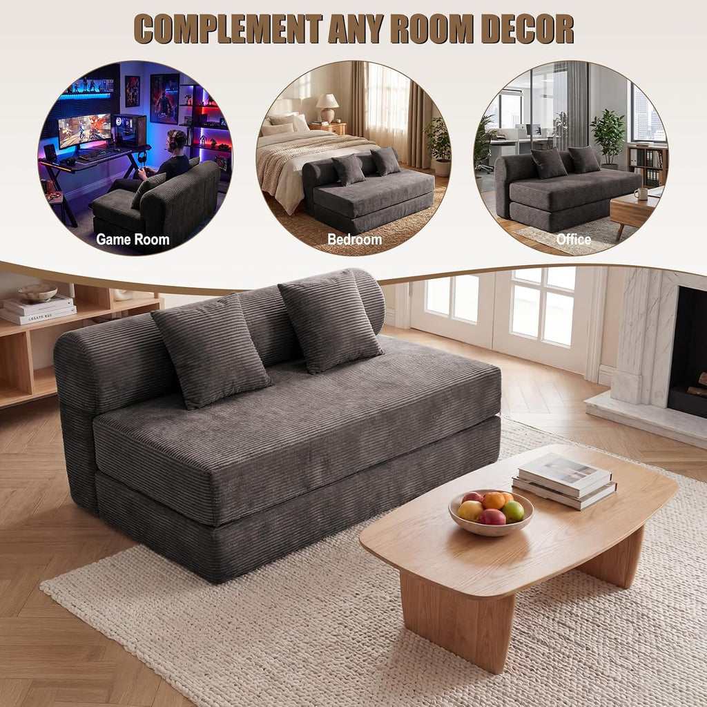 59" Convertible Sofa Bed High Backrest Boneless Couch in a Box,Brown | Washable Corduroy Futon Sofa Bed,Sectional Loveseat Floor Sleeper Sofa for Bedroom,No Assembly Couch for Living Room