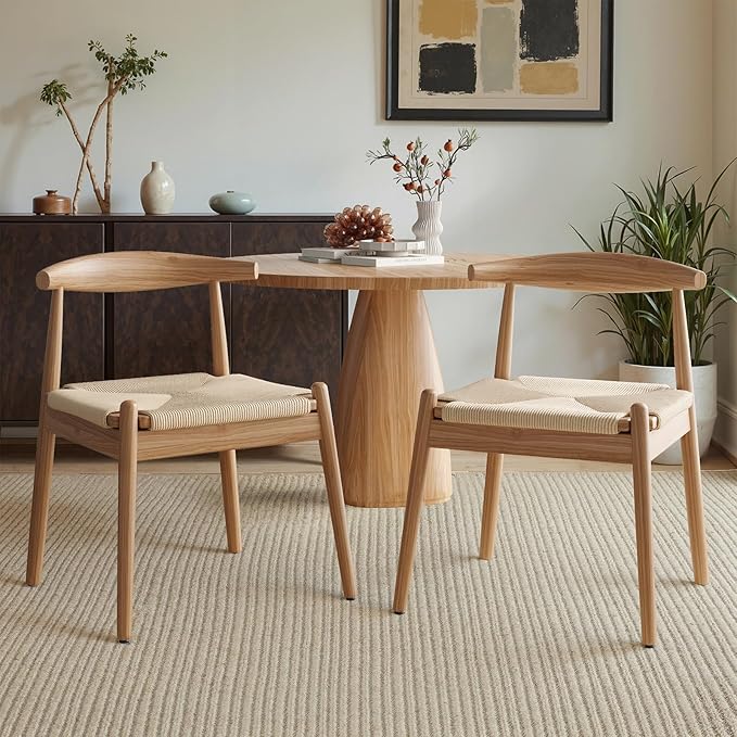 Farini Mid Century Modern Dining Chairs Set of 2, Solid Wood Frame Kitchen Chairs with Woven Upholstered Seat for Dining Room & Breakfast Nook,Natural-Beige
