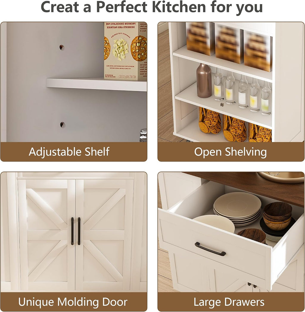 46" Kitchen Island with Power Outlet, Kitchen Storage Island with Drawer, Rolling Cart on Wheels, Wood Top with Adjustable Shelf and Trash Storage Cabinet, for Home, Dining Room (White, 46")