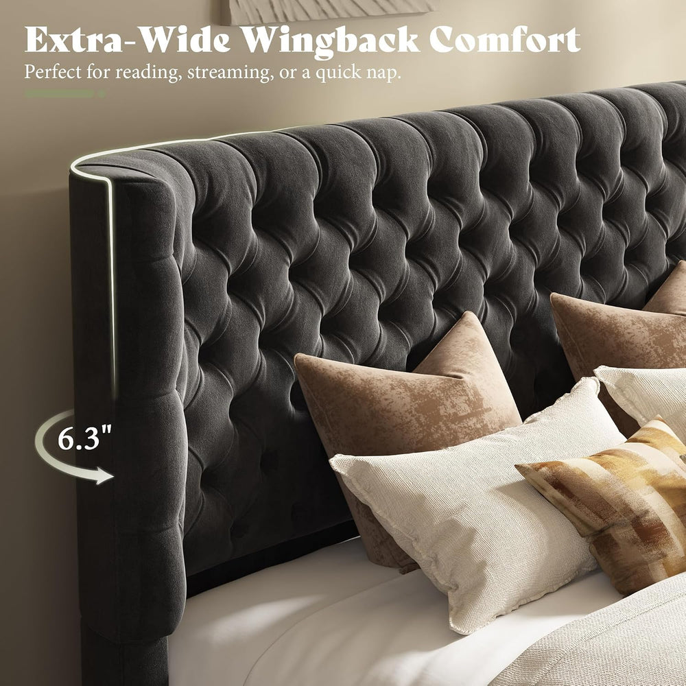 AMERLIFE Upholstered Queen Bed Frame with Wingback Headboard, Black Velvet