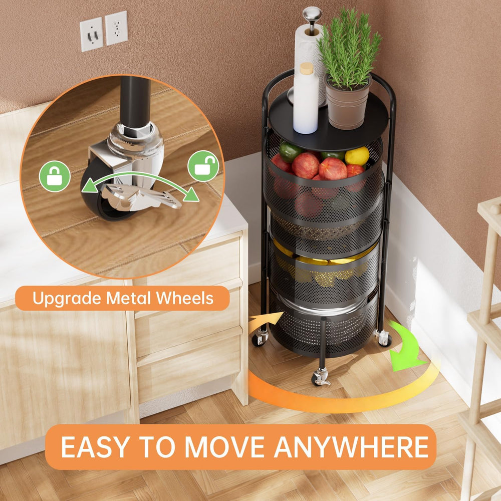 JAQ No Assembly Kitchen Storage Cart with Wheels, 4-Tier Rotating Vegetable &...