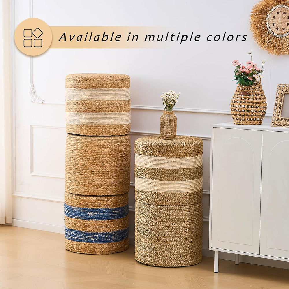 Handwoven Ottoman Pouf, Natural Water Hyacinth Footstool, Round Braided Outdo...