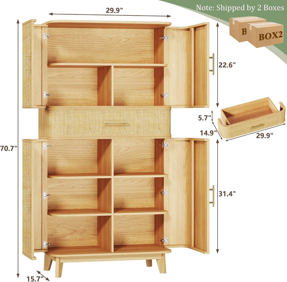 HUAHUU 71" Tall Pantry Cabinet with Curved Rattan Doors, Large Pantry St...