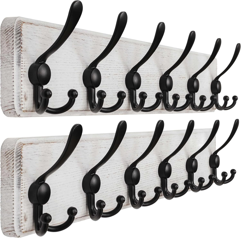 Dseap Coat Rack Wall Mounted - 24" Long 6 Tri Hooks, Heavy Duty Wooden Wall Coat Hanger Coat Hook for Clothes Hat Jacket Clothing, White and Black, Pack of 2