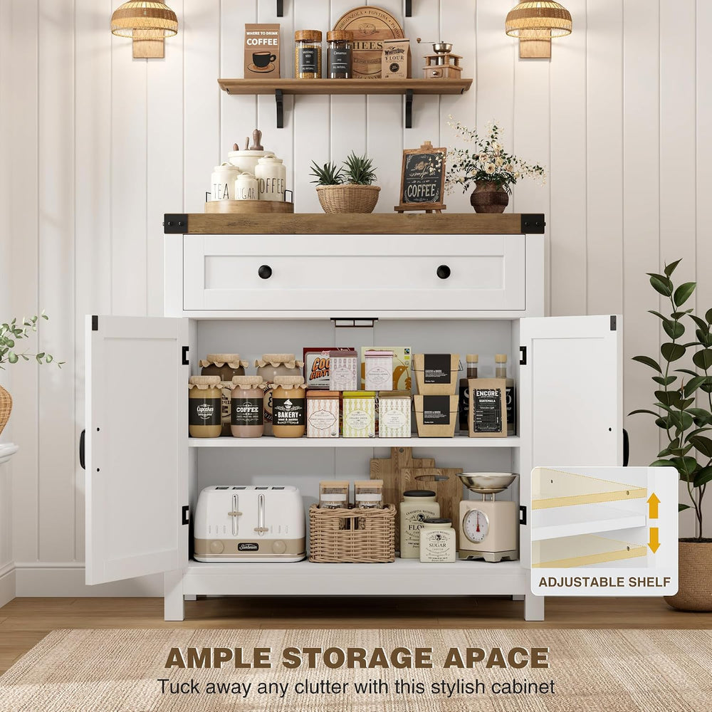 HOSTACK 31.5"W Kitchen Storage Cabinet, Farmhouse Coffee Bar Cabinet, Wh...