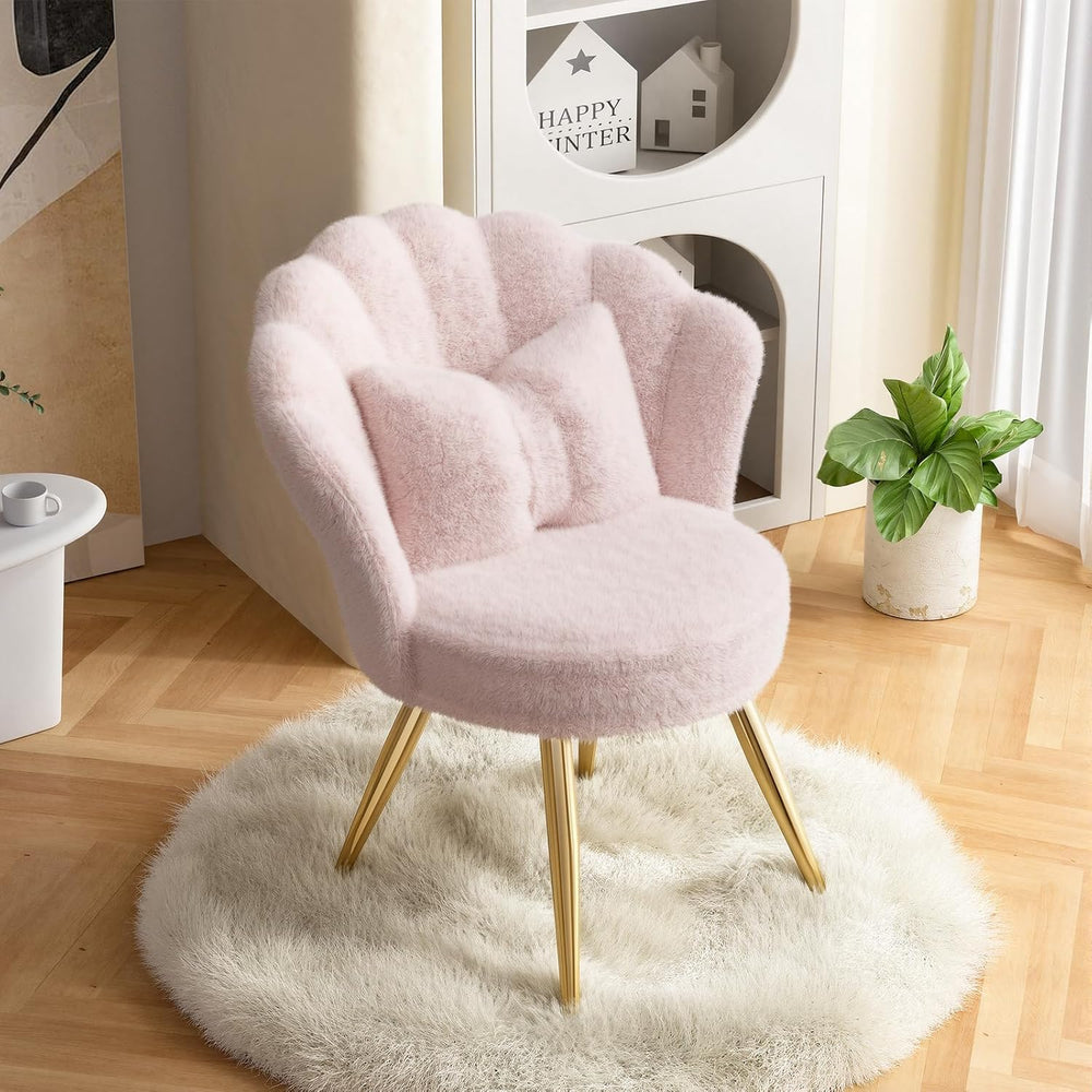 Plush Sherpa Accent Chair with Gold Metal Legs, Fluffy Vanity Chair for Makeu...