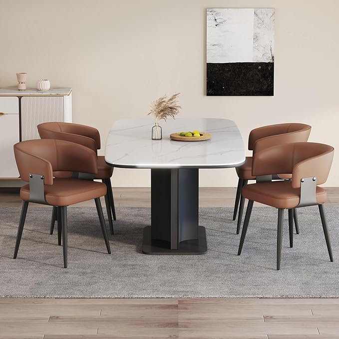 Modern Dining Chairs Set of 4, Upholstered Faux Leather Kitchen Side Chairs with Curved Open Back, Easy Assembly for Dining Room, Restaurant, Cafe, Brown