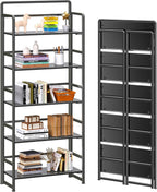 4NM No Assembly 5 Tiers Folding Bookshelf Storage Shelves Vintage Bookcase Standing Racks Study Organizer Home Office (All Black)
