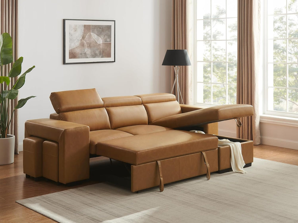 THSUPER 102'' Leather L Shaped Sectional Sleeper Sofa with Pull Out B...