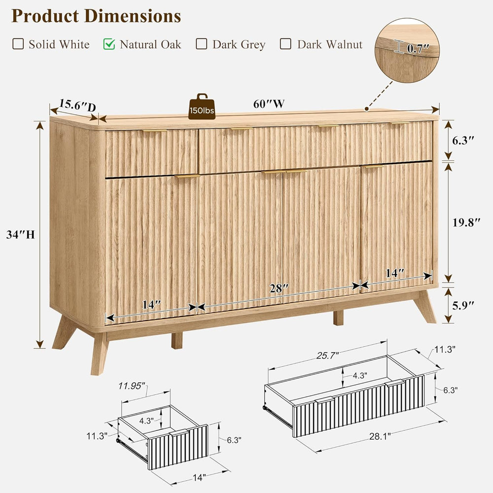 T4TREAM Large Buffet Sideboard Cabinet with Storages, 60" Fluted Modern ...
