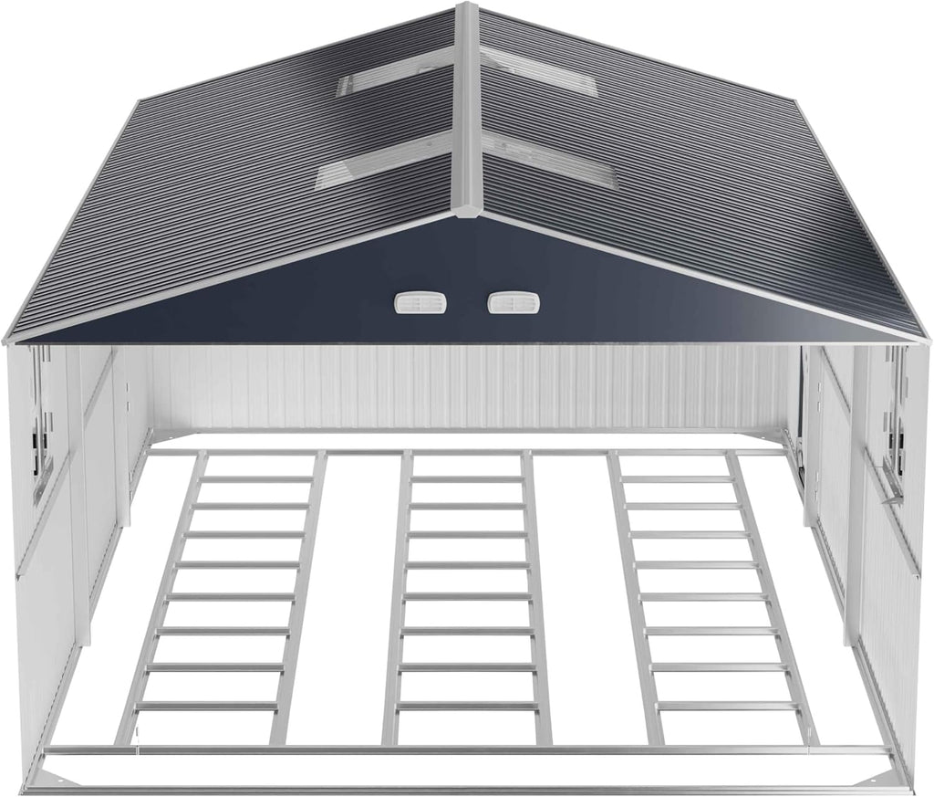 Metal Garage Shed for Car with Floor Kit, 13x20x8.5' Large Outdoor Storage Building and Workshop, Weatherproof Steel Carport with Ultra-Reinforced Truss System, Skylights & Dual-Entry