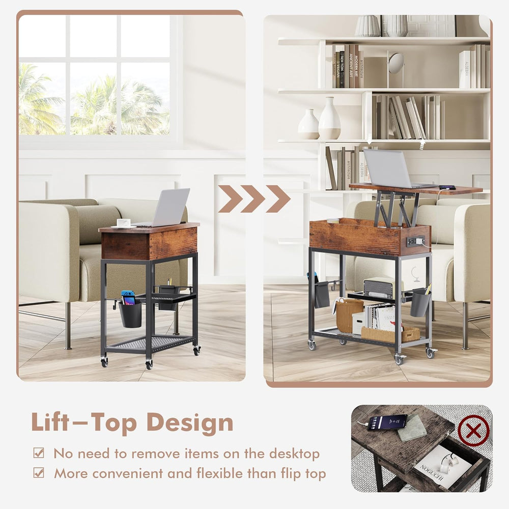 Colima Lift-Top Side Table with Charging Station - Mobile End Table with USB ...
