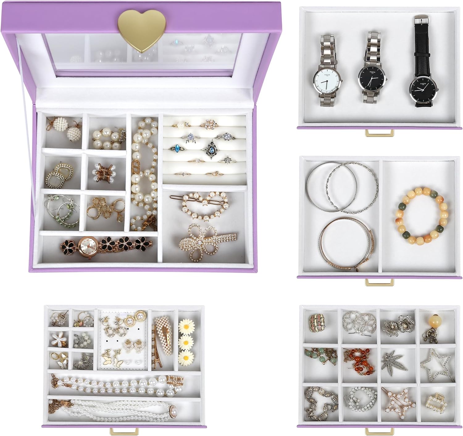 Kendal Jewelry Box, 5-Layer Jewelry Organizer Box with Glass Lid, Purple, Heart Shaped PU Leather, Storage Box for Necklace Earrings Rings Bracelets, Gift Idea for Girls LJC4DRPL