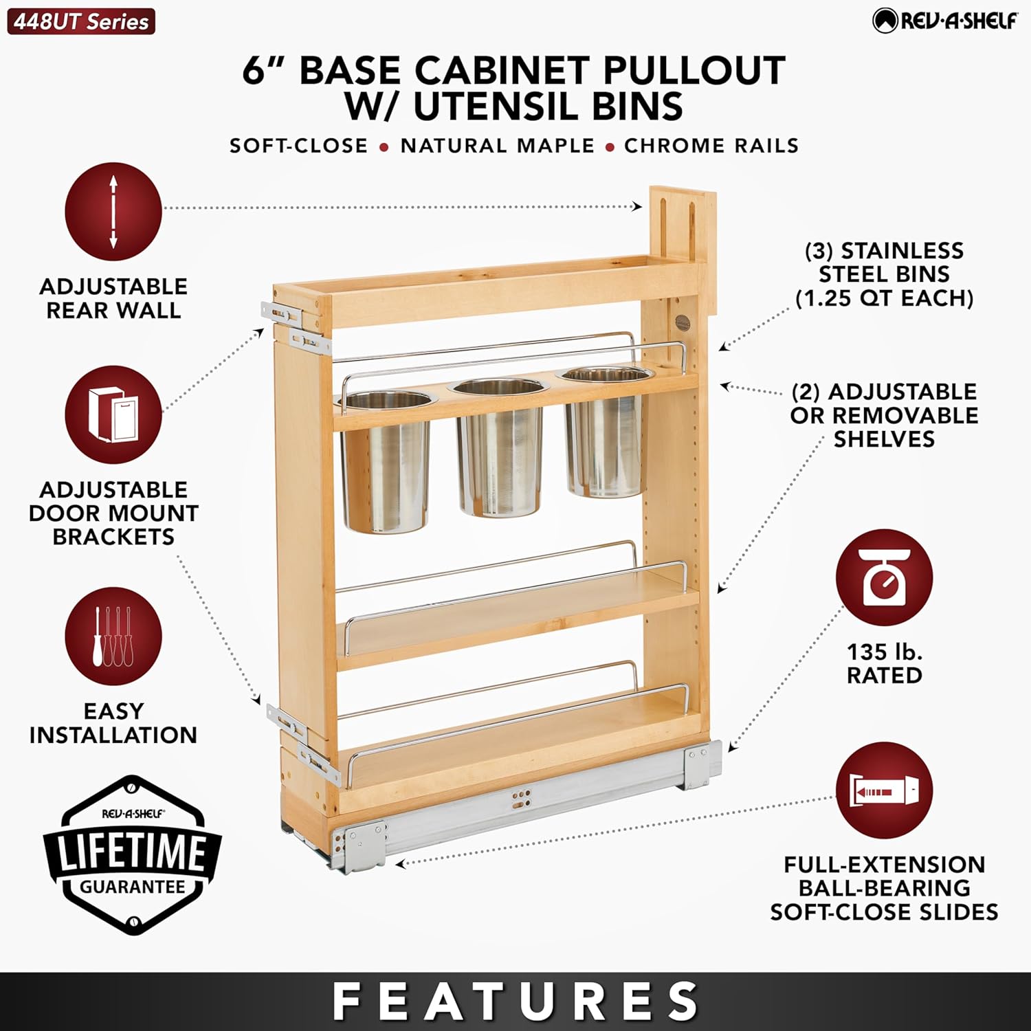 Rev-A-Shelf 5" Pull Out Storage Organizer for Base Kitchen w/ Soft-Close, Sliding Shelves for Utilities, Utensils or Spices, 448UT-BCSC-5C