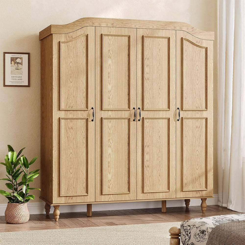 71" H Arched Armoire Wardrobe Closet with 4 Doors, Wooden, Natural