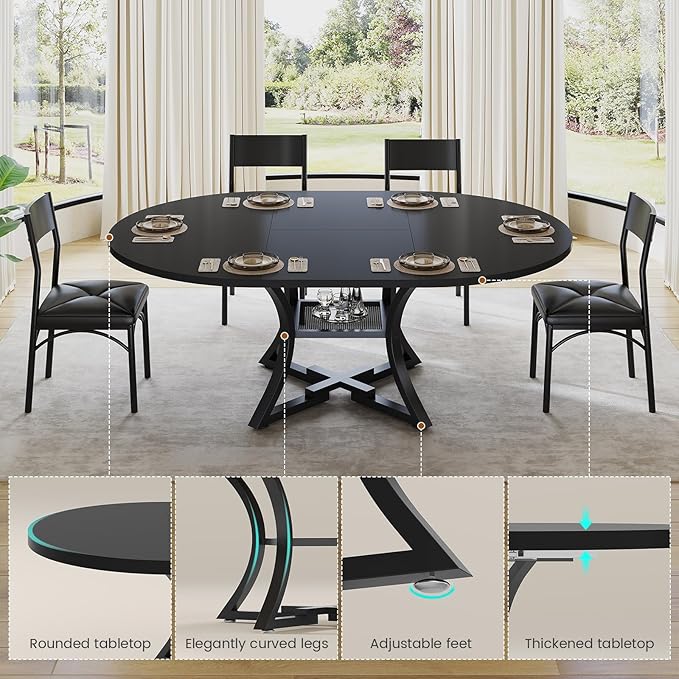 Itaar Round Extendable Dining Table Set for 4-6 People, 5-Piece Kitchen Table Set with 4 Cushion Chairs, Dining Room Table for 6 with MDF Board & Metal Frame for Small Space, Easy Clean, Black