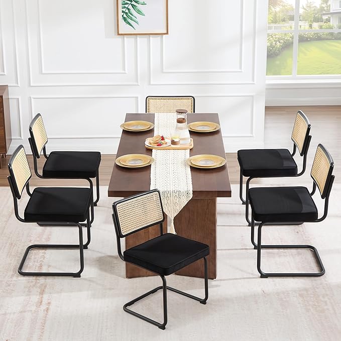 Zesthouse Rattan Dining Chairs Set of 6, Mid Century Modern Dining Room Chairs with Natural Cane Mesh & Black Base, Black Cesca Chair Velvet Fabric, Farmhouse Kitchen Chair with Solid Wood Frame Back