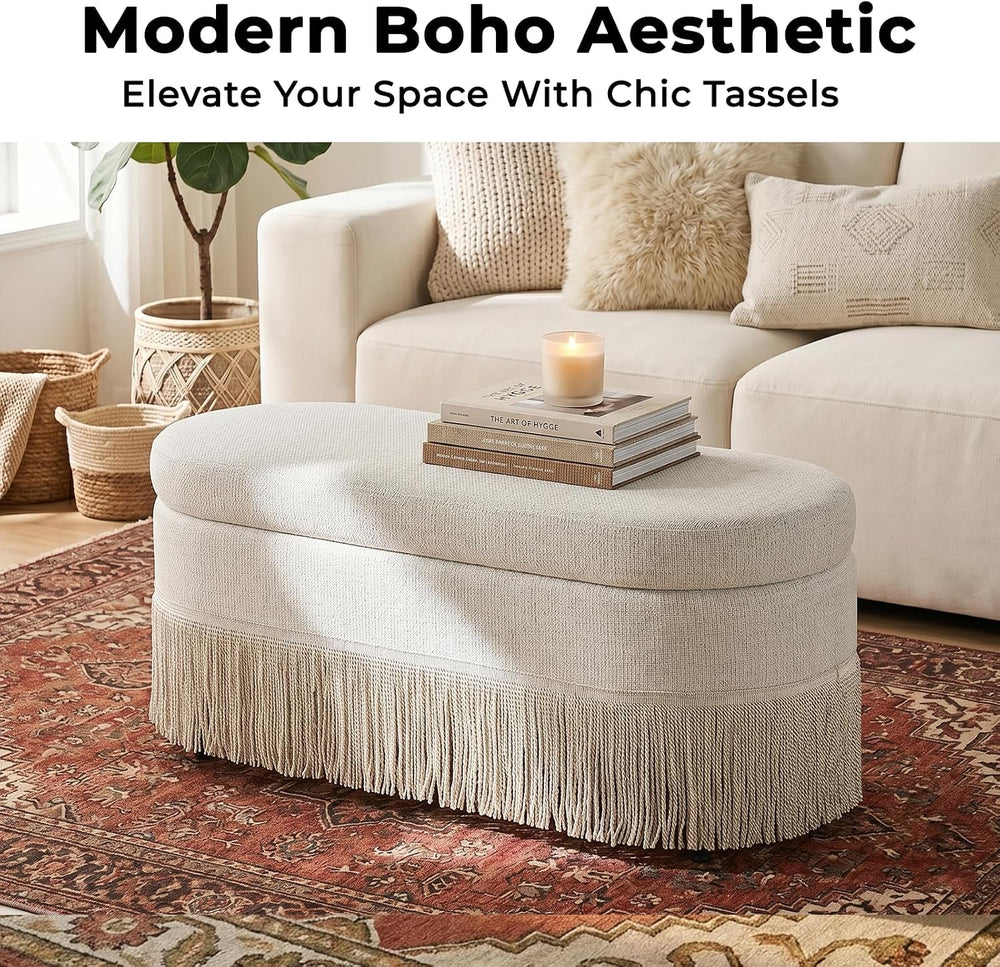 39.4“ Boho Storage Ottoman Bench with Tassels,Upholstered End of Bed Bench | ...