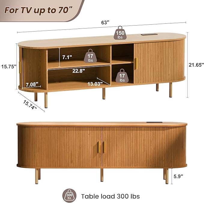 DHH 63 Inch Mid Century Modern TV Stand with Power Outlet for TVs up to 70 Inch, Entertainment Center with Storage and Adjustable Shelves, Media Console with Sliding Doors for Living Room(Yellow)