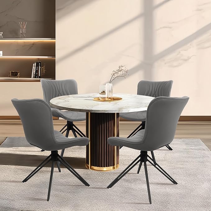 Dining Chairs Set of 6, 360° Swivel Upholstered Mid-Century Modern Kitchen Dining Room Chairs, Armless Faux Leather Accent Side Chair with Padded Back, Metal Legs for Living Room Bedrooms,Grey