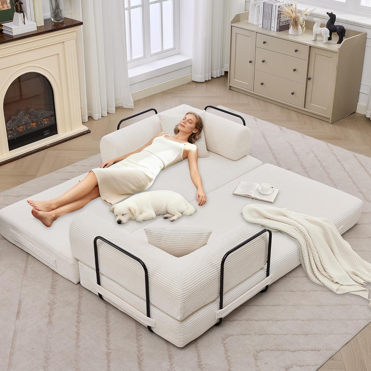 GarveeHome 79" Convertible Sleeper Sofa Bed Couch, 4-in-1 Boneless Corduroy Folding Sofa Bed with Pillow & Fixed-Shape, Floor Mattress Couch Loveseat for Living Room Apartments - No Assembly, Beige