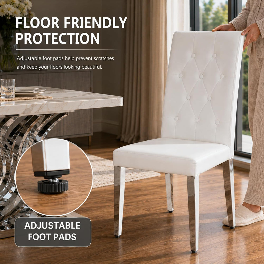 White Dining Chairs Set of 4,Faux Leather with Chrome Plate Metal Legs,Armles...
