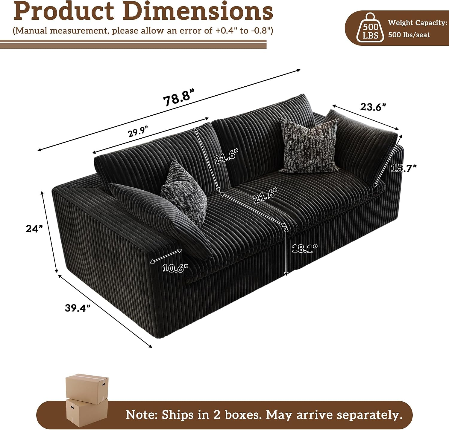 78.8" Cloud Couch Modular Sectional Sofa, Boneless Loveseat Deep Seat Couch, Soft Corduroy Upholstery, DIY Combination for Living Room & Apartment, No Assembly Required, Black