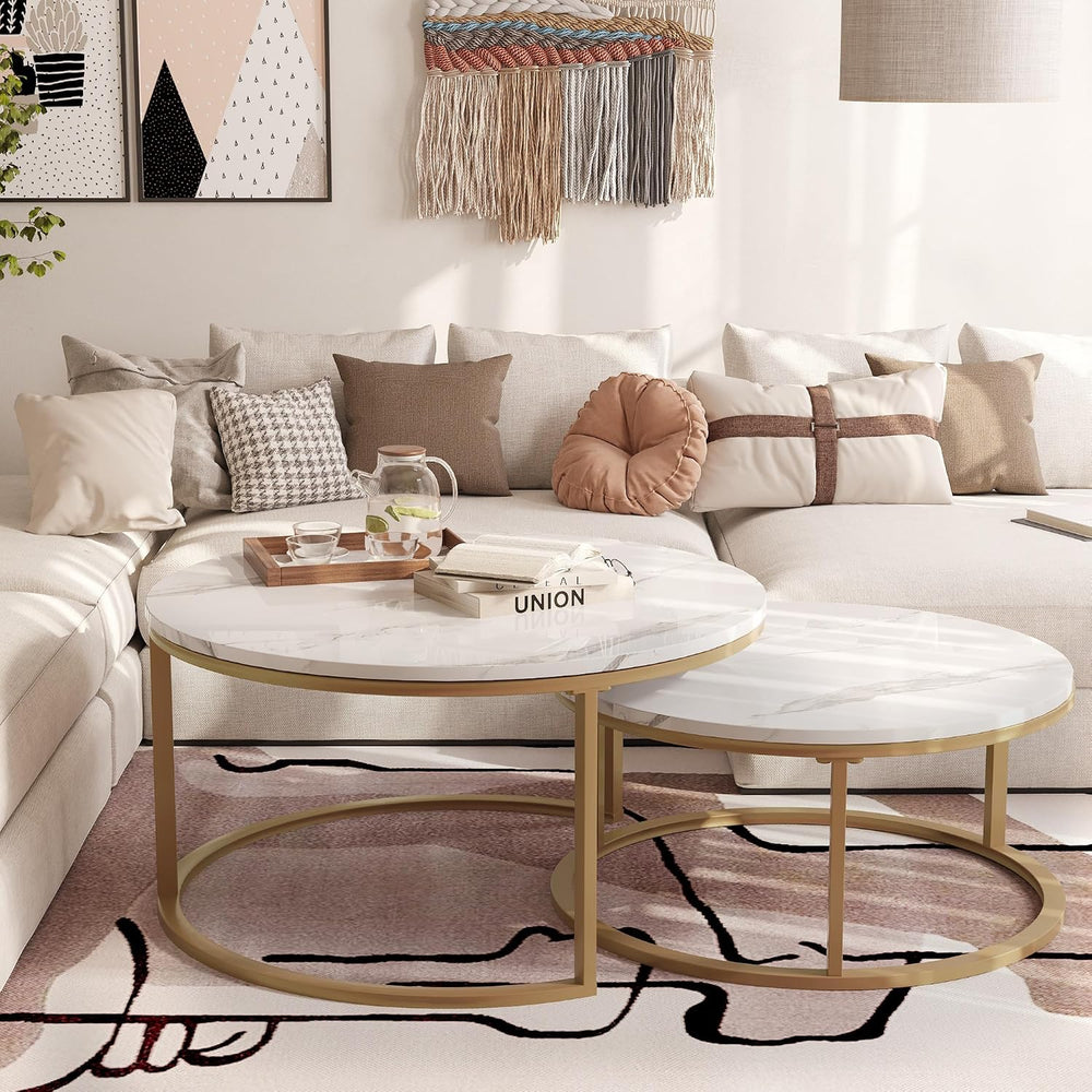 WiberWi Round Coffee Table Nesting Tables Set of 2, Large: Ø 34.0", Smal...