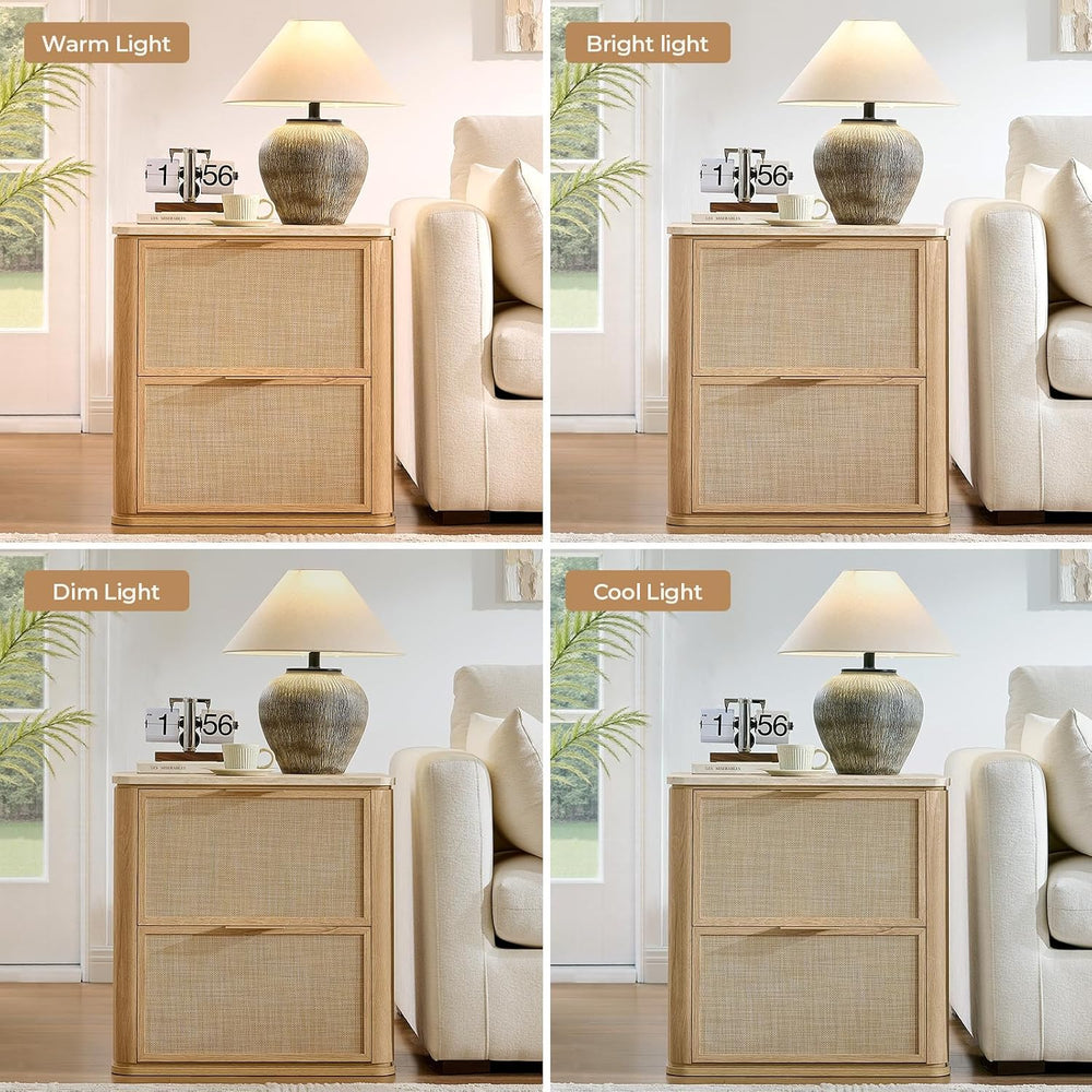 NightStand Set of 2, 23.11" W Rattan Nightstand with 2 Drawers, Faux Mar...
