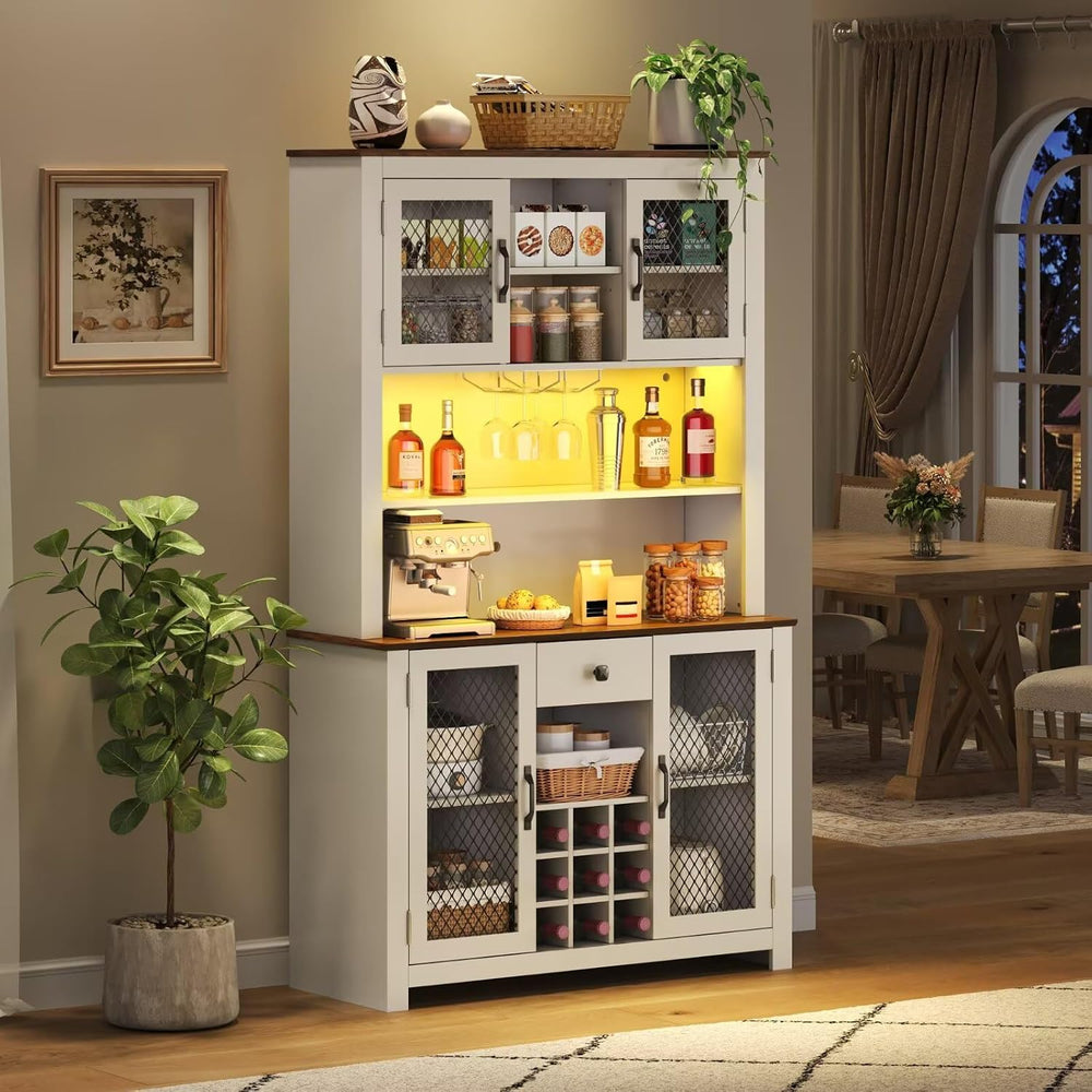 DRIXNO 70.9" White Kitchen Pantry Cabinet with RGB LED Lights & Char...