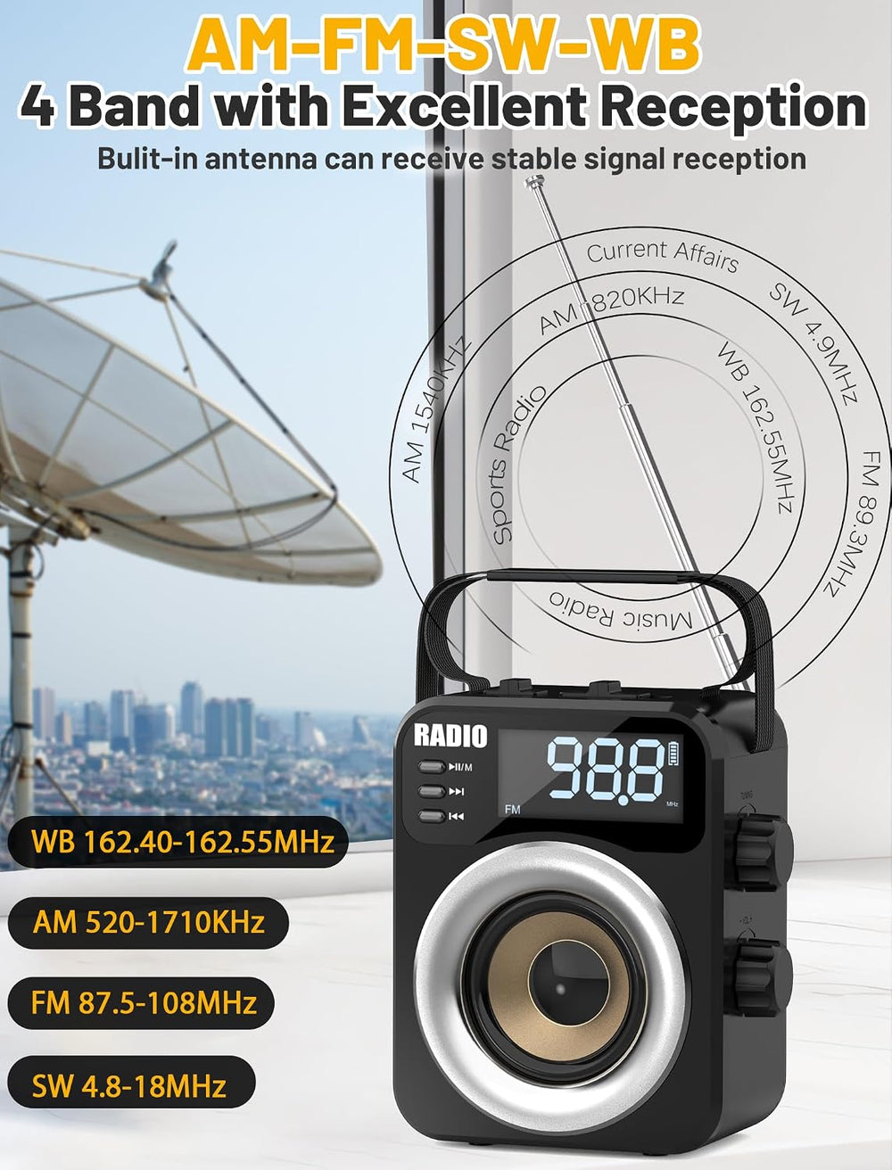 Portable AM/FM/WB/SW Radio, 4000mAh Rechargeable & 3×D Cell Battery Powered