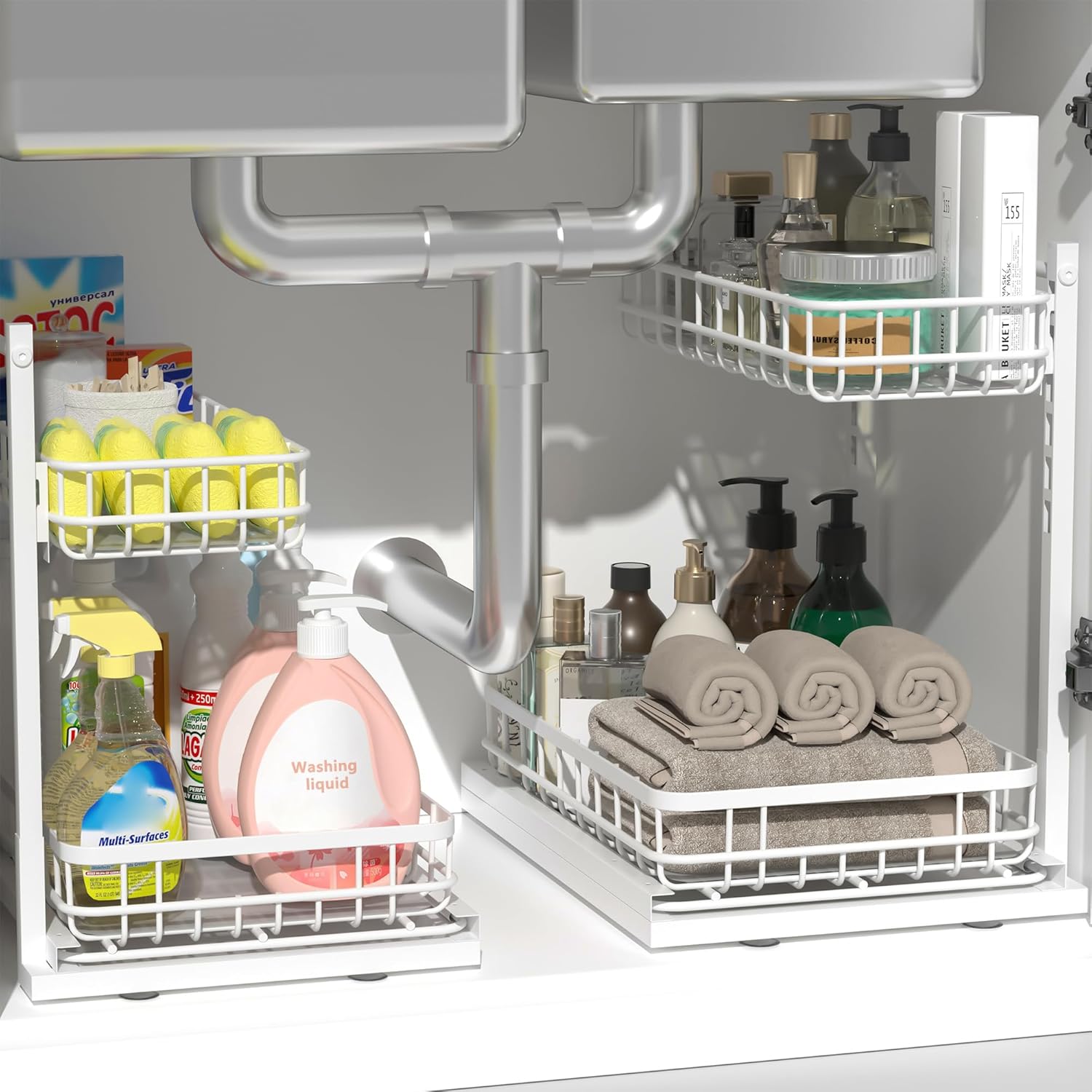 Under Sink Organizer, Adjustable Height Pull-Out Kitchen Storage Organization,15.8" x 11.8" x 16.5",2-Tier Kitchen Shelf,Bathroom Drawer Organizer, White