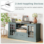 GOFLAME Farmhouse TV Stand for TVs up to 70", Entertainment Media Center Storage Cabinet with Glass Doors, Open Shelves & Drawer, Wooden Television Console Table for Living Room (Teal Blue)