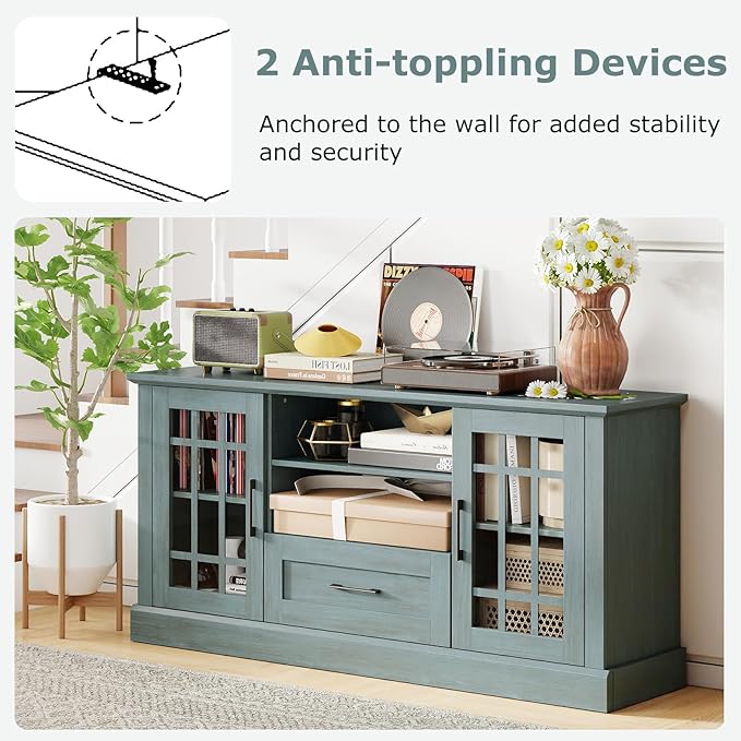 GOFLAME Farmhouse TV Stand for TVs up to 70", Entertainment Media Center Storage Cabinet with Glass Doors, Open Shelves & Drawer, Wooden Television Console Table for Living Room (Teal Blue)