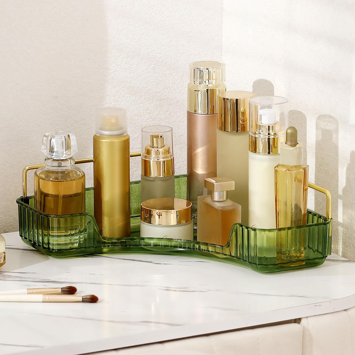YCIA&DONE Corner Bathroom Counter Organizer, Makeup Organizer for Vanity, Skincare Cosmetic Perfume Tray, Corner Countertop Shelf Rack Storage for Bathroom Kitchen 1 Tier (Vintage Green)