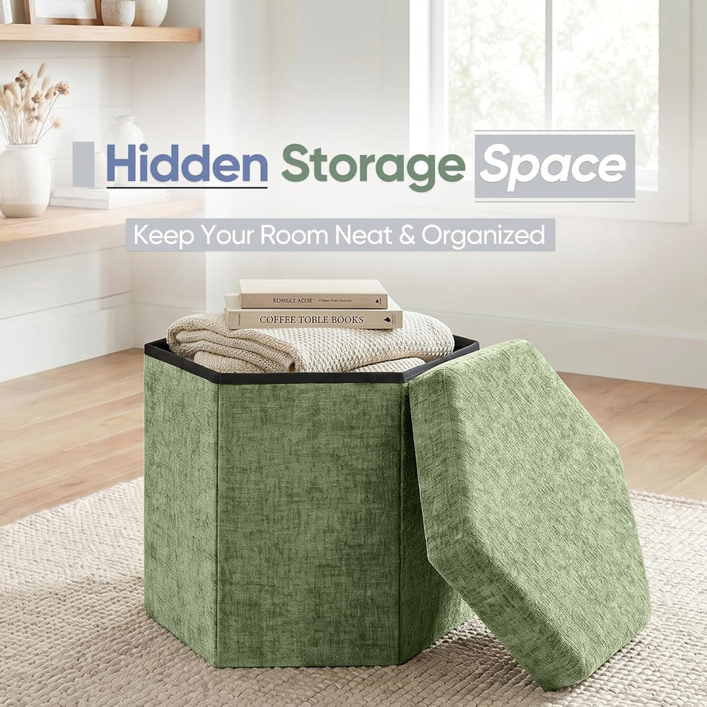 Hexagon Storage Ottoman, Foldable Chenille FootRest with Hidden Storage, Smal...