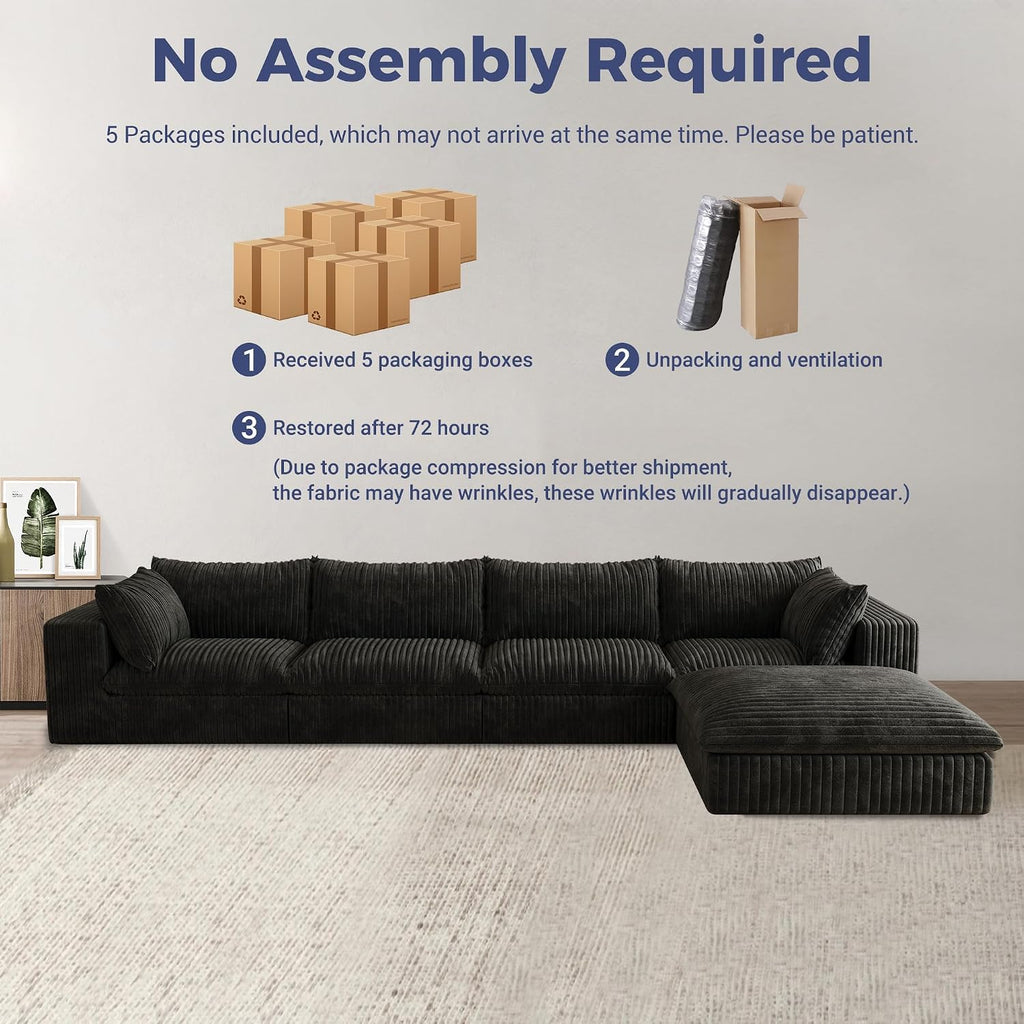157.6" Oversized L Shaped Modular Boneless Sofa with Ottoman, Cloud Sectional Couches for Living Room, Deep Seat Corduroy Upholstered Couch Furniture Set, No Assembly Required (4 Seater+1 Ottoman)