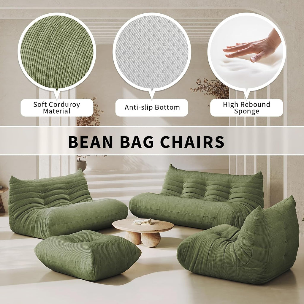 Bean Bag Chair for Adults Fireside Floor Lazy Sofa Couches Corduroy Cozy Sofas with Ergonomic Design Memory Foam Lounger Couch for Dorm, Apartment and Gaming Venue,Olive Green