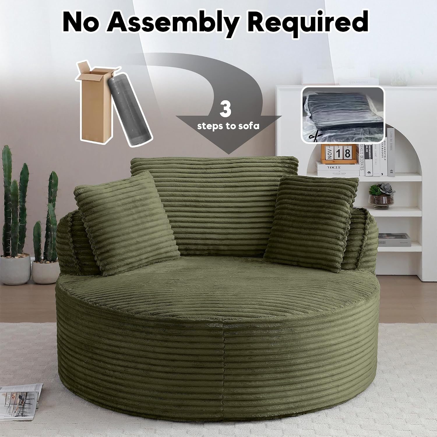 Oversized Round Chair Lounge Chaise Indoor, 53.5" Upholstered Corduroy Deep Seat Single Cloud Sofa Chair, Fluffy Modern Large Circle Boneless Sleeper Sofa for Living Room, Bedroom, Green