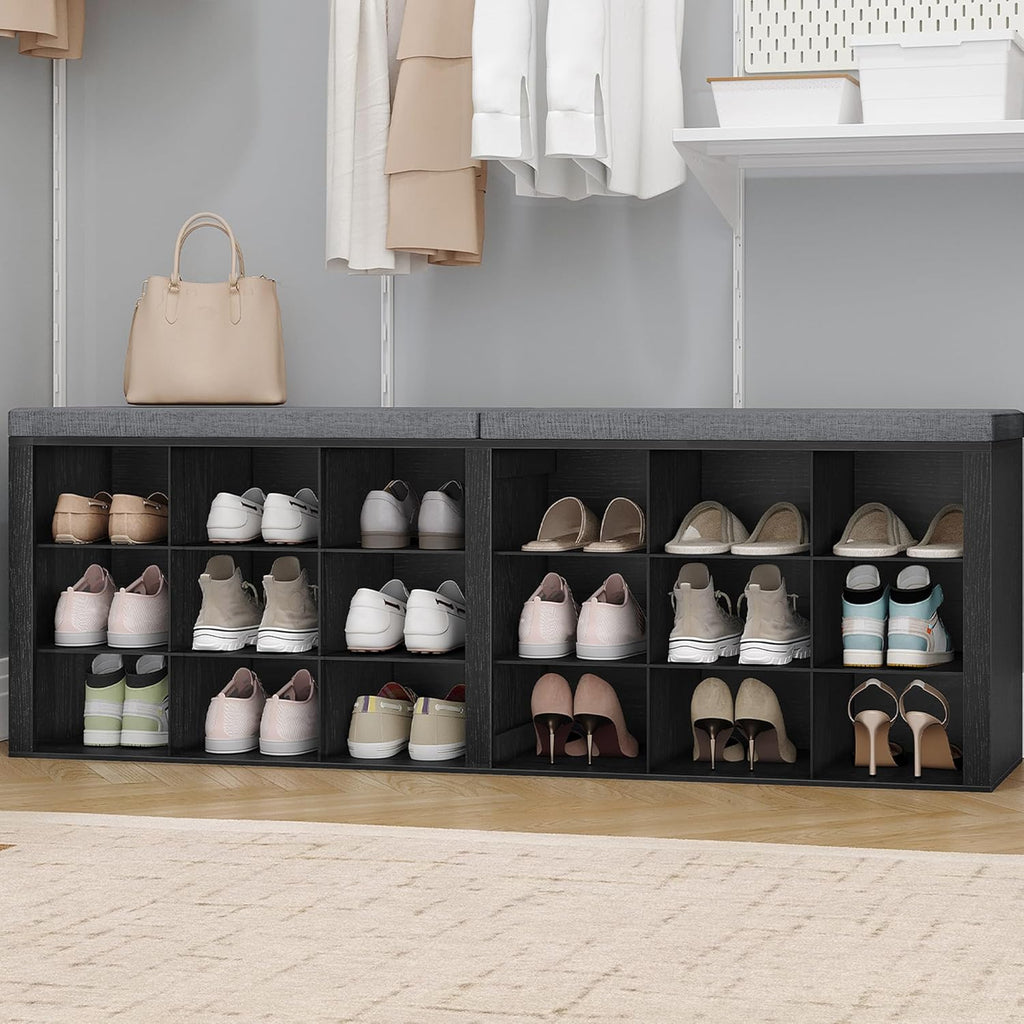 Hzuaneri Shoe Storage Bench with Cushion, Entryway Storage Bench with 18 Cubbies, 9.5" Widened Organizer Cabinet, Long Cubby Rack for Living Room, Bedroom, Entryway, Black SB25704GY | 9.5" Widened Organizer Cabinet, large Cubby Shoe Rack for Living Room