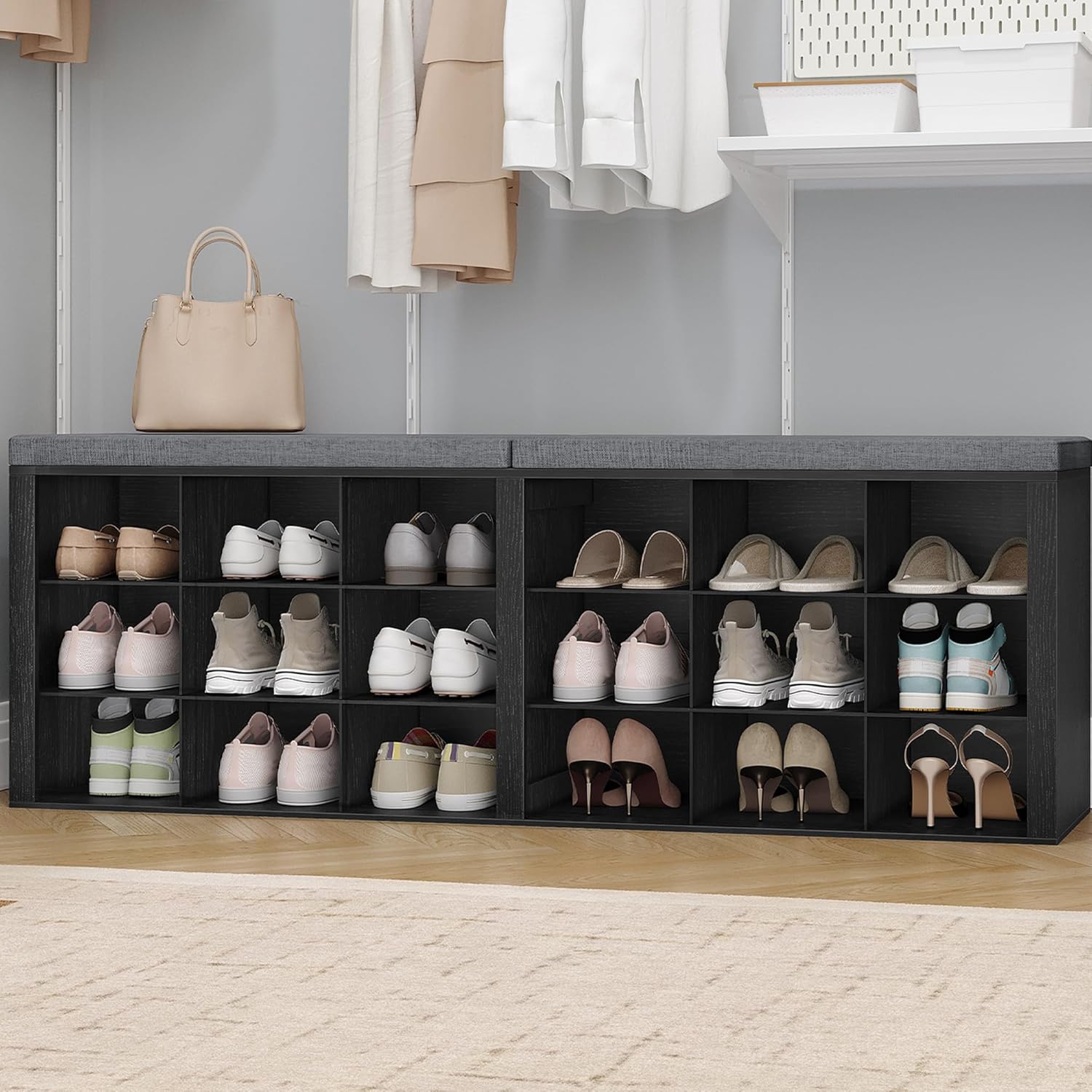 Hzuaneri Shoe Storage Bench with Cushion, Entryway Storage Bench with 18 Cubbies, 9.5" Widened Organizer Cabinet, Long Cubby Rack for Living Room, Bedroom, Entryway, Black SB25704GY | 9.5" Widened Organizer Cabinet, large Cubby Shoe Rack for Living Room