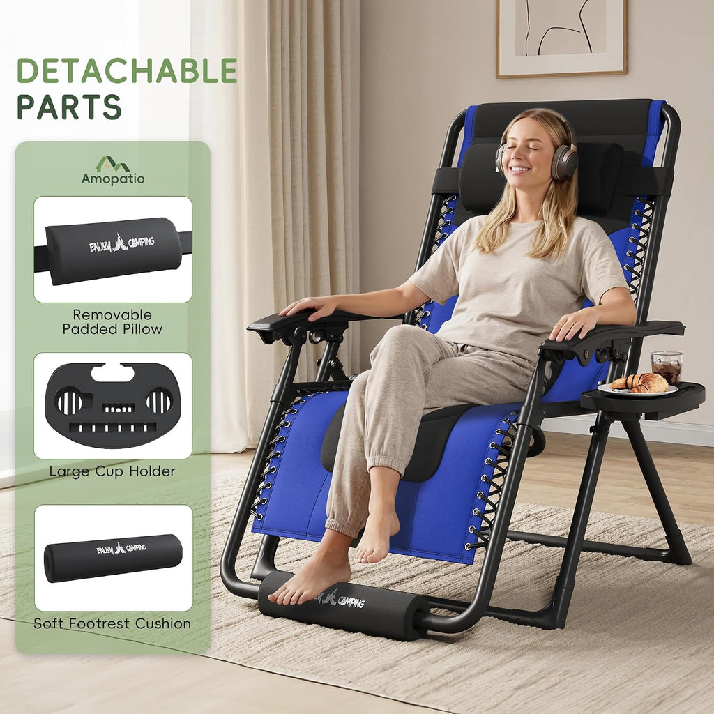 Amopatio XL Padded Zero Gravity Chairs Foldable Zero Gravity Lounge Chair Outdoor Portable Reclining Chair with Removable Cup Holder/Headrest/Footrest